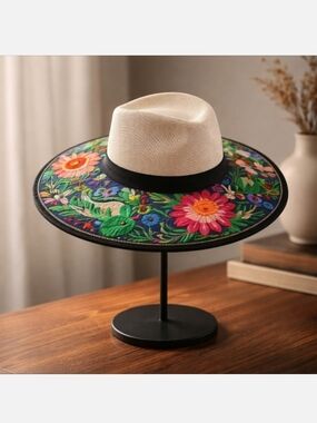 Embroidered Floral Wide Brim Hat